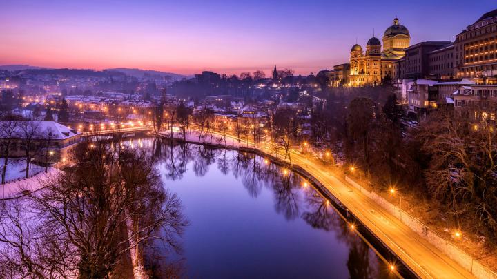 switzerland, Roads, Pond, Night, Street, Lights, Bern, Cities 