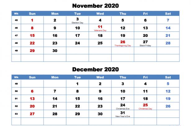 Blank Calendar November 2020 Printable Editable