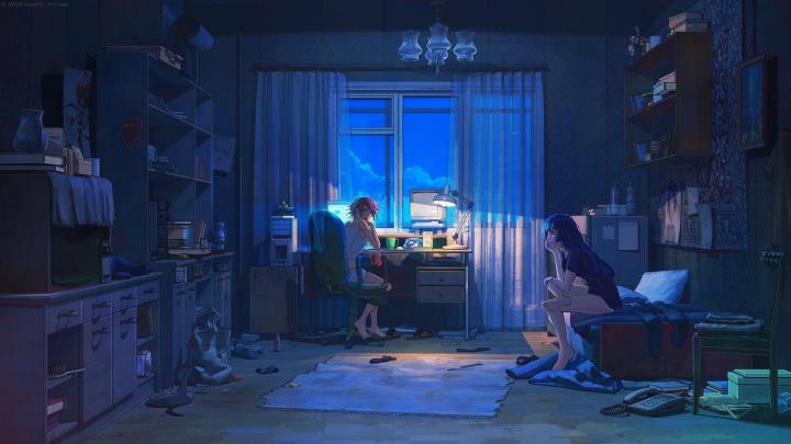 TV computers night indoors room fake geek books anime television anime 