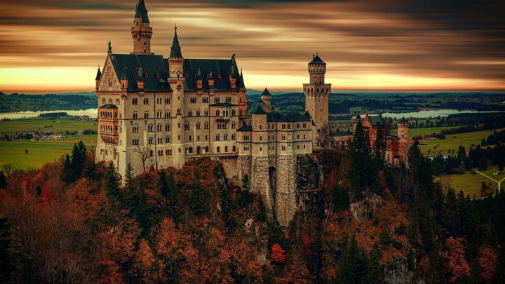 Desktop wallpaper castle, old architecture, tree, sunset, hd image 