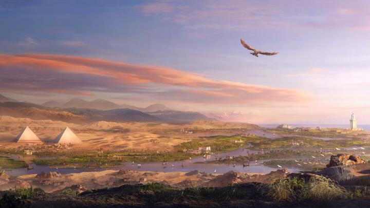 video games, landscape, Egypt, eagle, pyramid, river, Assassin\u0026#39;s Creed 