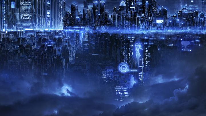 Download 1920x1080 Wallpaper Future City, Blue Lights, Clouds, Art 