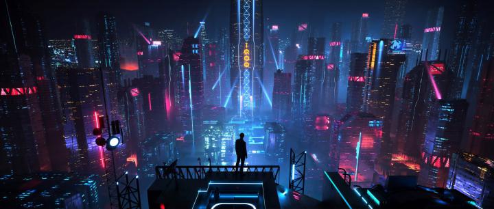 Wallpaper digital art, men, city, futuristic, night, neon, science 