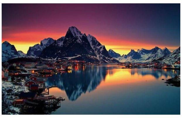 nature, Sea, Sunset, Water, Reflection, Mountain, Snow, Winter, Lofoten 
