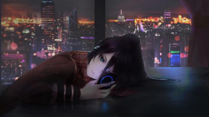 Download 1920x1080 wallpaper anime girl using phone, cityscape, night 
