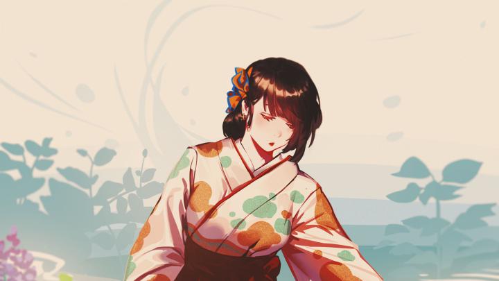 Download wallpaper 1920x1080 girl, glance, kimono, anime, art, japan 