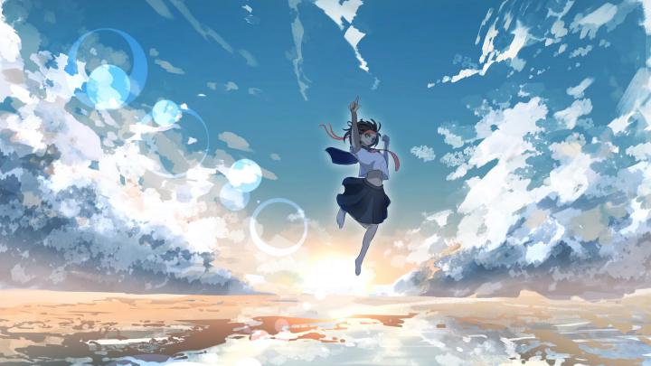 Download wallpaper 1920x1080 girl, jump, water, reflection, clouds 