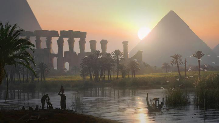 video games, landscape, Egypt, pyramid, river, artwork, digital art 