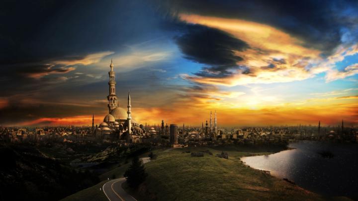 Free download Wallpaper 1920x1080 islam mosque city sunset Full HD 