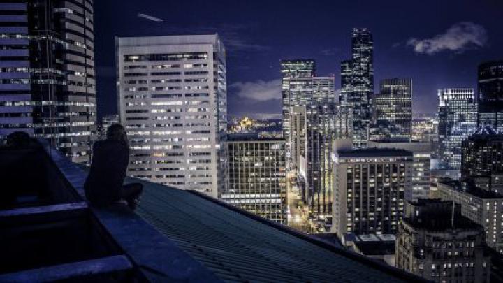 sitting, women, city, night, rooftops, city lights | 1920x1080 