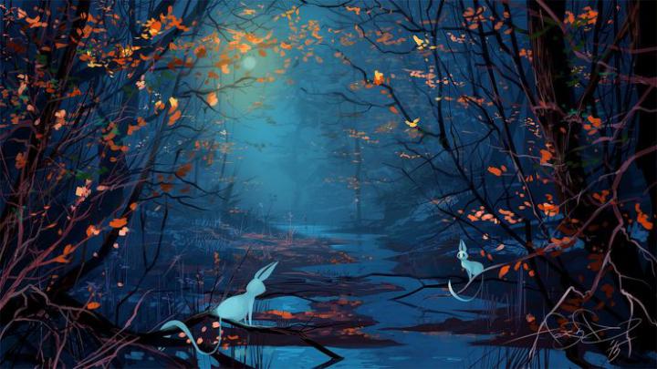 Download wallpaper 1920x1080 silhouette, forest, animals, art, river 