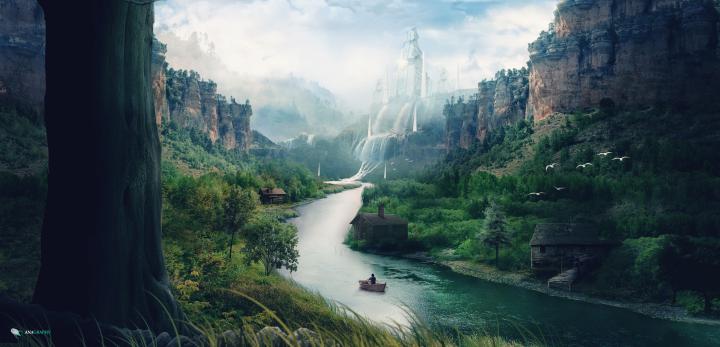 landscape, River, Mountains, Stream, Waterfall, Boat, Matte painting 