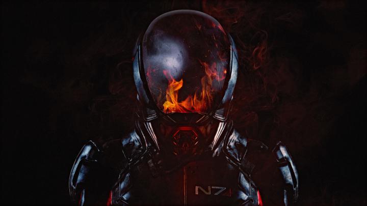 Download 1920x1080 wallpaper mass effect: andromeda, n7, soldier, flame 