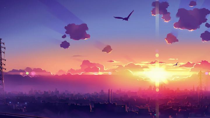 Anime Clouds Birds Flying