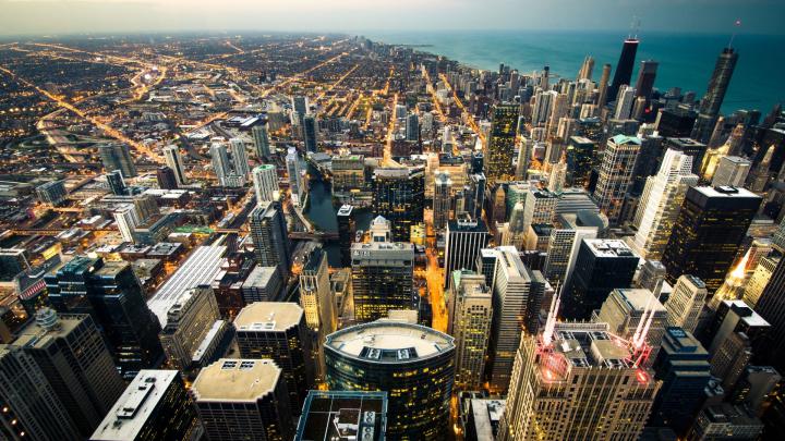 Download Wallpaper 1920x1080 chicago, skyline, city lights, coastline 