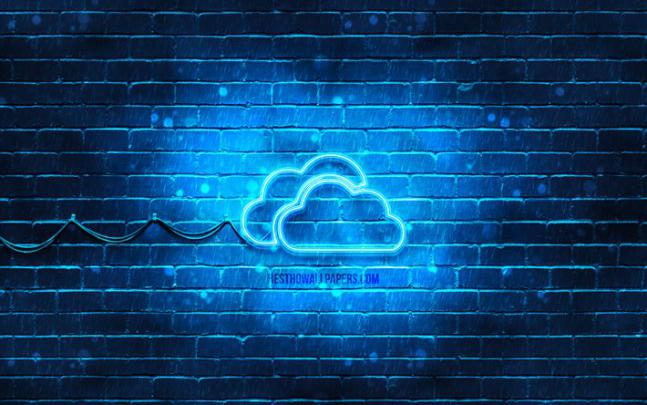 Download wallpapers Clouds neon icon, 4k, blue background, neon symbols 