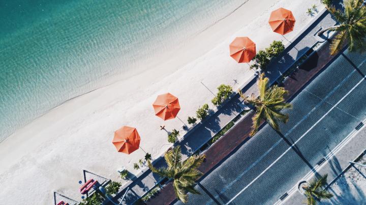 beach, Beach umbrella, Road, Palm trees, Aerial view, Waves Wallpapers 