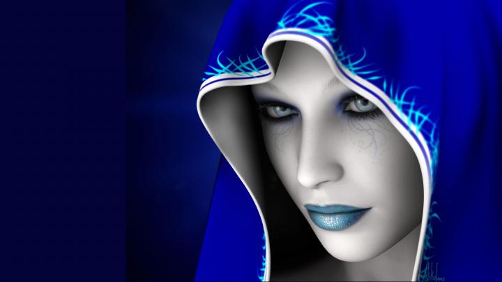 Beautiful young nun in blue costum blue eyes white tan dark blue 