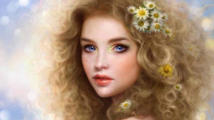 fantasy, Girl, Blue, Eyes, Beautiful, Face, Blonde, Girl, Daisy, Hair 