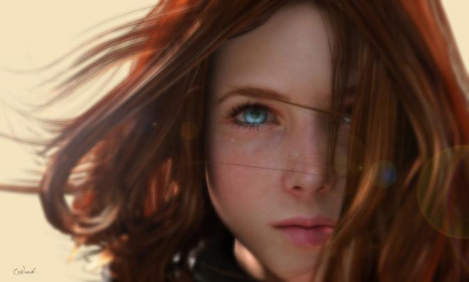 women, Blue eyes, Redhead, Face, Eyes, Depth of field, 3D, Wind, Render 