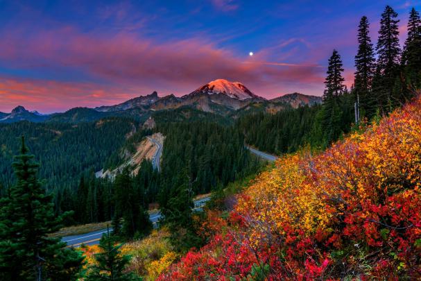 sky, Moon, Sunset, Mountains, Beautiful, Nature, Colors, Forest, Trees 