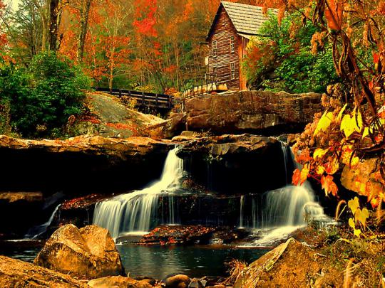 autumn colors House near the small waterfall \u2013 Nature Forests HD 