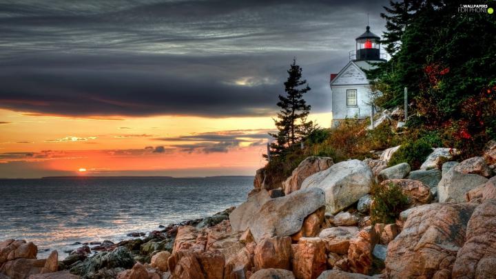 sun, Stones, maritime, west, Lighthouse - For phone wallpapers: 1920x1080