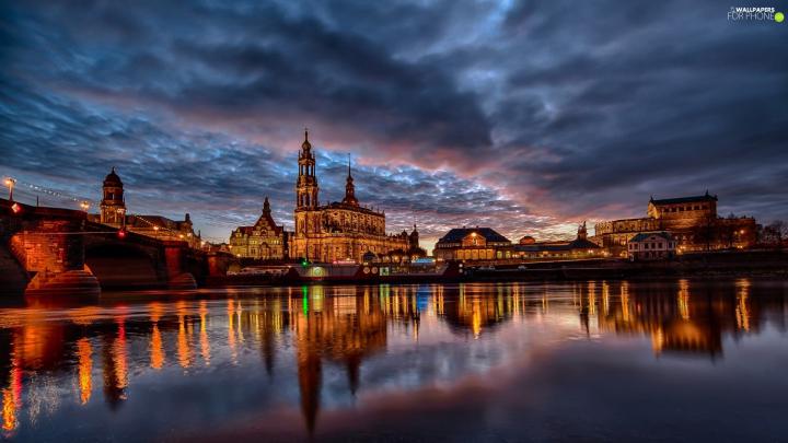 Town, River, Castle, night - For phone wallpapers: 1920x1080