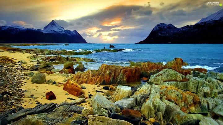 Mountains, Beaches, Stones, sea - For phone wallpapers: 1920x1080