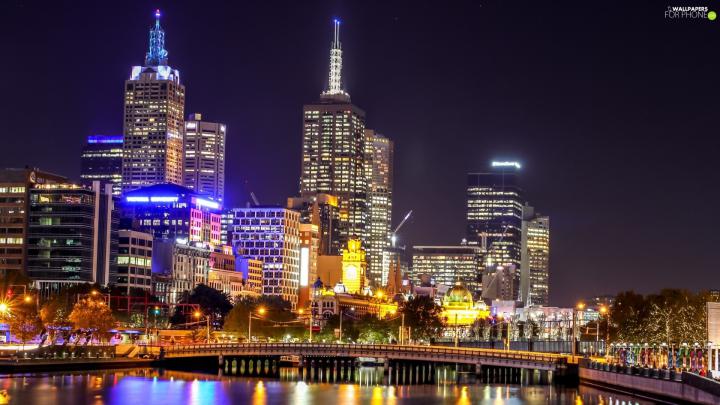 Australia, Town, Night, Melbourne - For phone wallpapers: 1920x1080