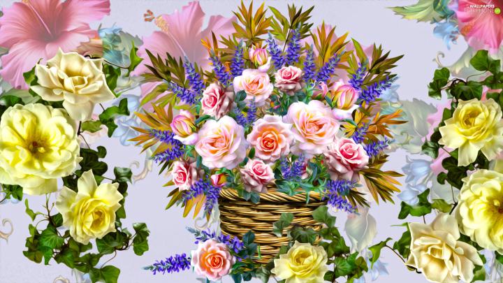 Flowers, basket, graphics, roses - For phone wallpapers: 1920x1080