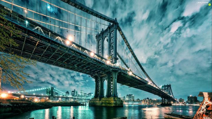 bridge, Sky, City at Night, River - For phone wallpapers: 1920x1080