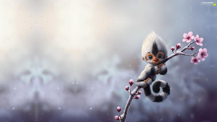 twig, cherry, creature, Flowers - For phone wallpapers: 1920x1080