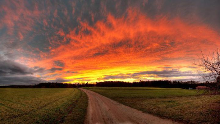 Download Wallpaper 1920x1080 road, fields, sky, decline, evening 