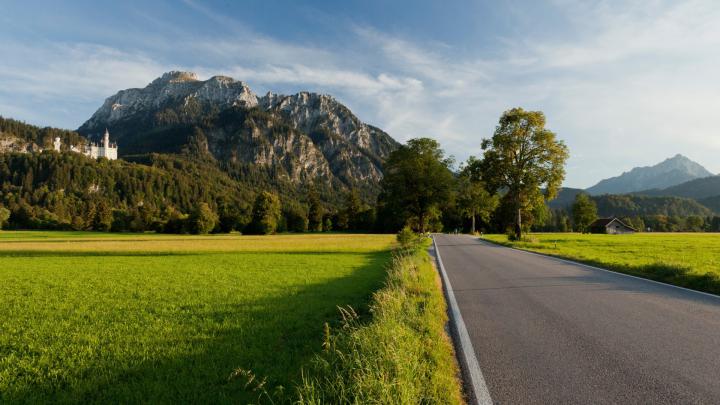 Download Wallpaper 1920x1080 road, asphalt, field, green, trees 