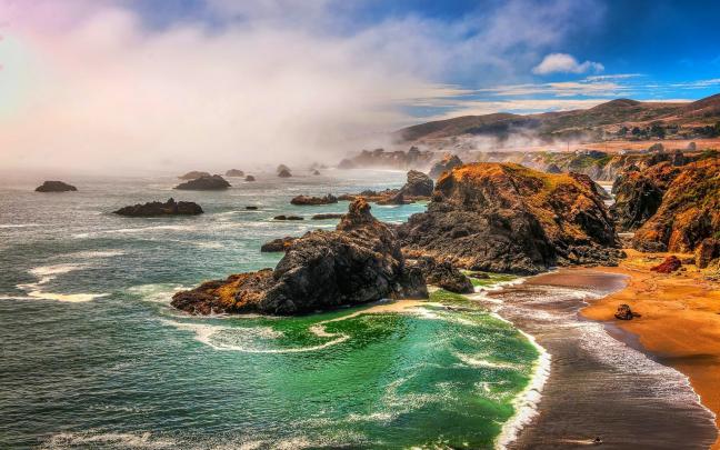 nature, Landscape, Beach, Sea, Rocks, Coast, Mist, Hills, California 