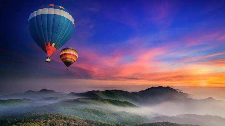 Mountains, hot air balloon, forest, mist, morning, dawn, desktop 