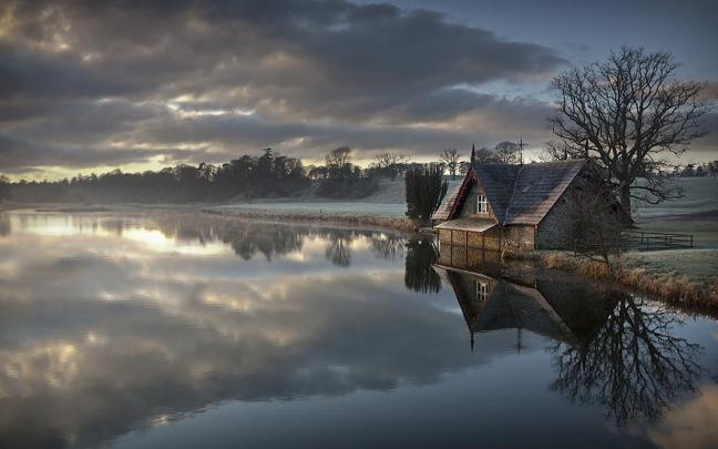 Wallpaper : 1230x768 px, clouds, cottage, frost, Ireland, lake 