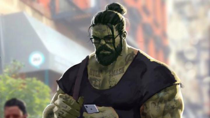 beard, Hulk, Marvel Comics, hairbun, glasses, tattoo, smartphone, Apple 