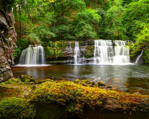 Nature Green Cascading Waterfall Hd Wallpaper For Desktop High Contrast 