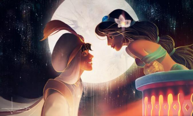 aladdin disney jasmine cartoon, Moon, Love, Romantic, Night Wallpapers 