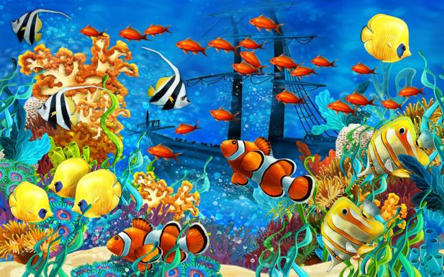 Seabed-tropical colorful fish, coral-shipwreck-Wallpapers fish for your 