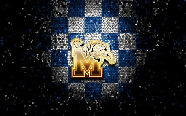 Download wallpapers Memphis Tigers, glitter logo, NCAA, blue white 