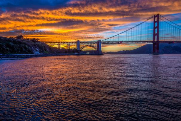 golden, Gate, Bridge, Usa, Evening, Sunset, Sky, Clouds, Sea, Water 