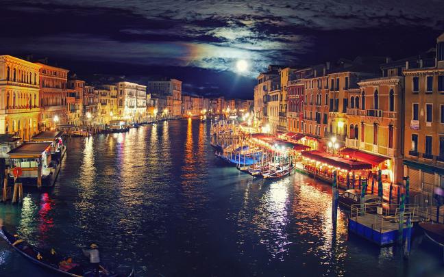 canal, Gondolas, Cityscape, Lights, Moon, Venice, Italy HD Wallpapers 
