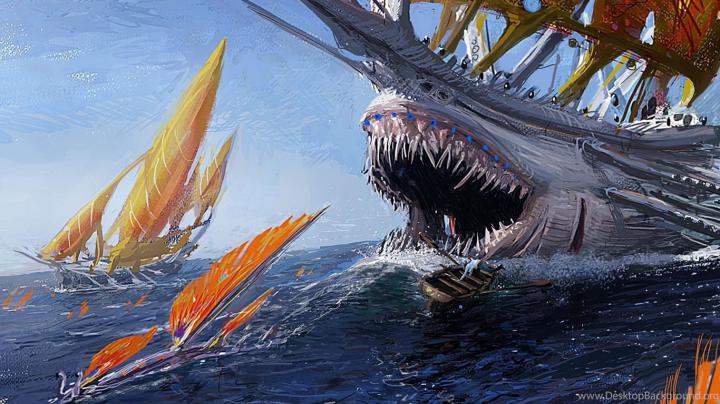Download Wallpapers 1920x1080 Ship, Shark, Jaws, Boat, Sea Full HD 
