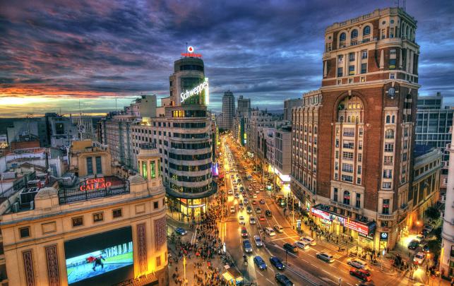 road, Sky, Clouds, Sunset, Lights, Evening, Spain, Street, Madr