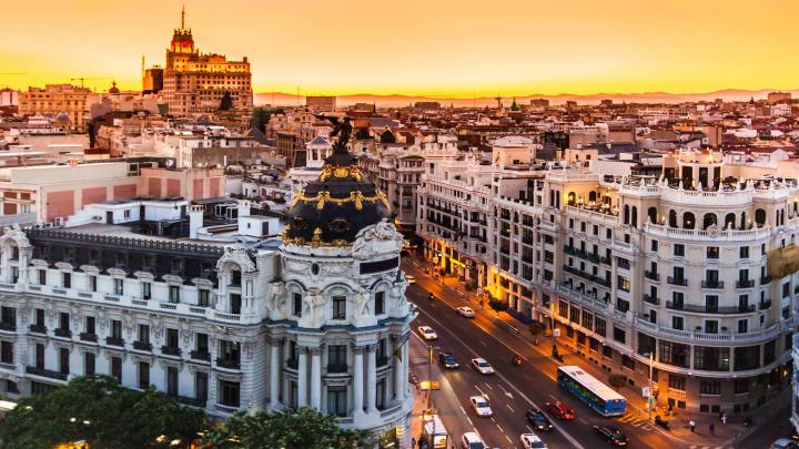 city, Cityscape, Sunset, Road, Car, Architecture, Madrid, Spain, Europe 
