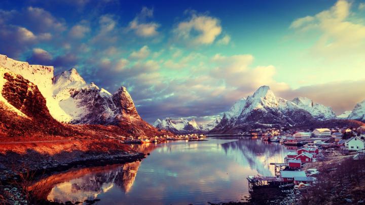 nature, Landscape, Clouds, Mountains, Lake, Lofoten, Norway, Snowy peak 