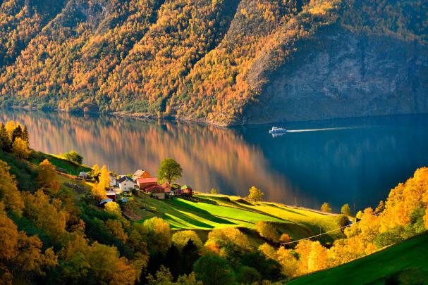 nature, Landscape, Trees, Water, Norway, Forest, Lake, Ship, Fall 